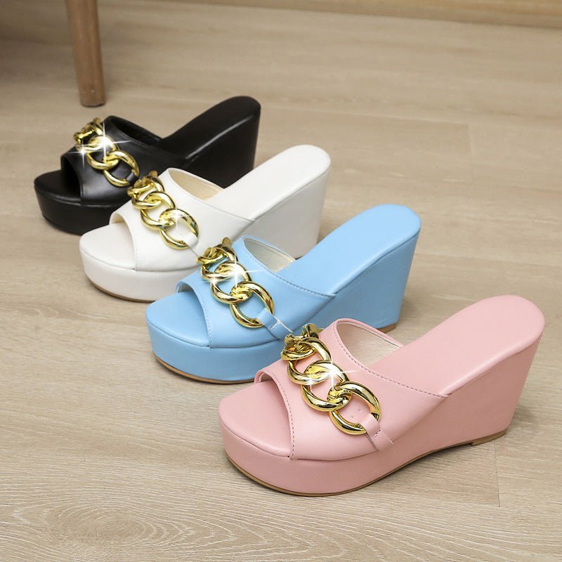 Gold Chain Shoes High Heel Wedges Slippers Women Slides Sandals - Muhaab