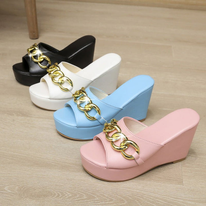 Gold Chain Shoes High Heel Wedges Slippers Women Slides Sandals - Muhaab