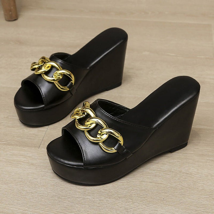 Gold Chain Shoes High Heel Wedges Slippers Women Slides Sandals - Muhaab