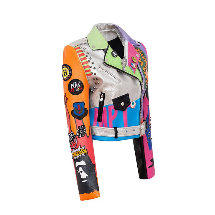 Graffiti Printed Motorcycle Leather Women - Muhaab