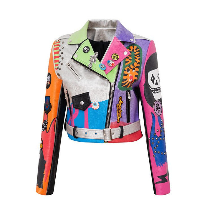 Graffiti Printed Motorcycle Leather Women - Muhaab