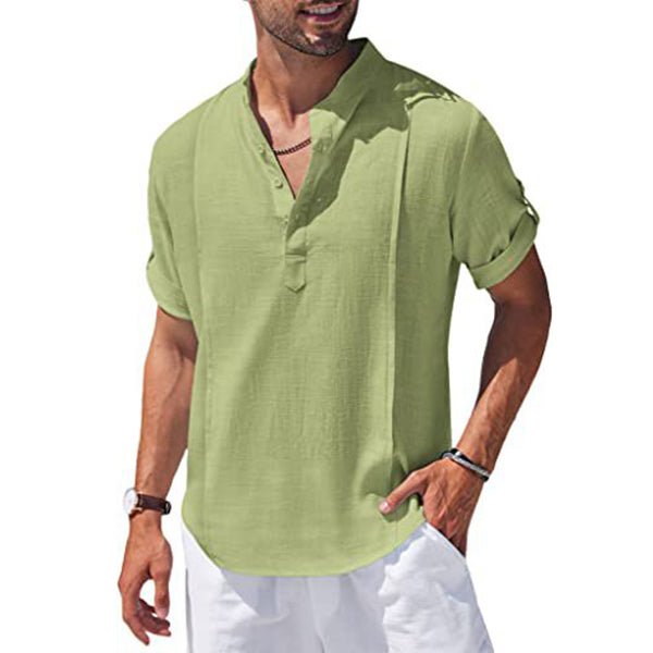 Henley Style Linen Shirt Men Casual Beach Shirt Short Sleeve T-Shirt Summer - Muhaab