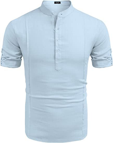 Henley Style Linen Shirt Men Casual Beach Shirt Short Sleeve T-Shirt Summer - Muhaab