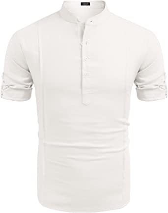 Henley Style Linen Shirt Men Casual Beach Shirt Short Sleeve T-Shirt Summer - Muhaab