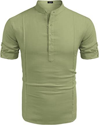 Henley Style Linen Shirt Men Casual Beach Shirt Short Sleeve T-Shirt Summer - Muhaab