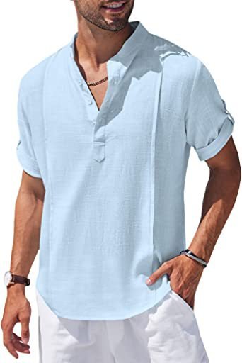 Henley Style Linen Shirt Men Casual Beach Shirt Short Sleeve T-Shirt Summer - Muhaab