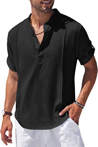 Henley Style Linen Shirt Men Casual Beach Shirt Short Sleeve T-Shirt Summer - Muhaab