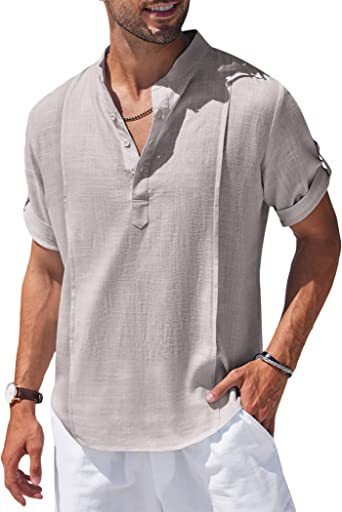 Henley Style Linen Shirt Men Casual Beach Shirt Short Sleeve T-Shirt Summer - Muhaab