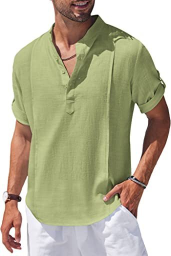 Henley Style Linen Shirt Men Casual Beach Shirt Short Sleeve T-Shirt Summer - Muhaab