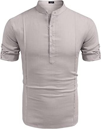 Henley Style Linen Shirt Men Casual Beach Shirt Short Sleeve T-Shirt Summer - Muhaab