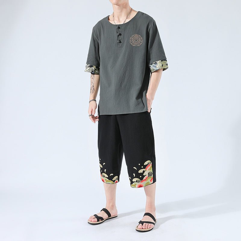 Summer 6 Colours Short-Sleeved T-shirt Harajuku Yukata Japan Embroidered Linen Men Shirts Trousers Asian Costume - Muhaab