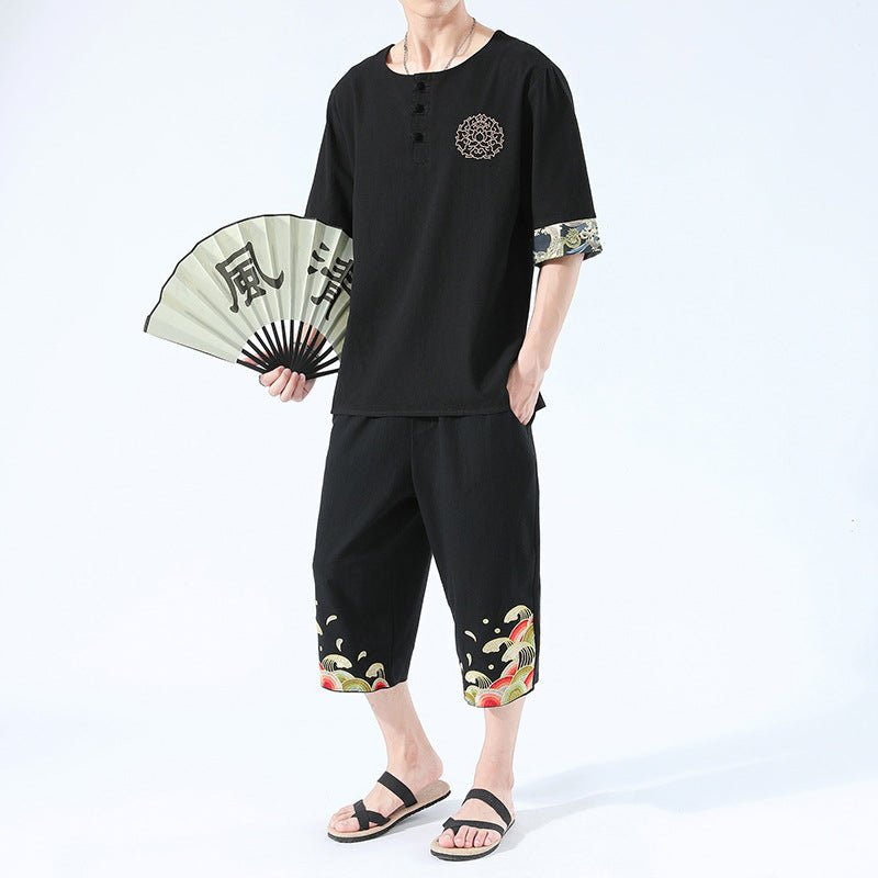 Summer 6 Colours Short-Sleeved T-shirt Harajuku Yukata Japan Embroidered Linen Men Shirts Trousers Asian Costume - Muhaab