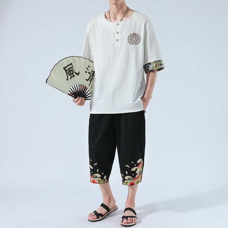 Summer 6 Colours Short-Sleeved T-shirt Harajuku Yukata Japan Embroidered Linen Men Shirts Trousers Asian Costume - Muhaab