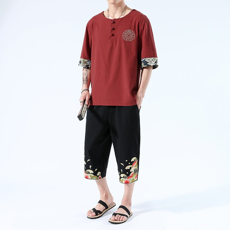 Summer 6 Colours Short-Sleeved T-shirt Harajuku Yukata Japan Embroidered Linen Men Shirts Trousers Asian Costume - Muhaab