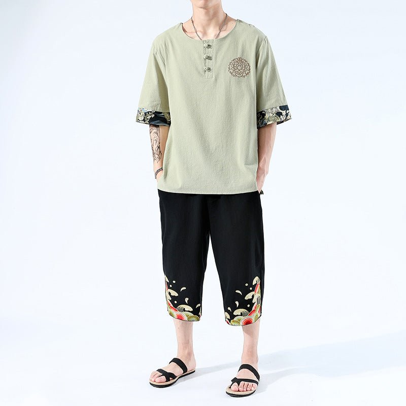 Summer 6 Colours Short-Sleeved T-shirt Harajuku Yukata Japan Embroidered Linen Men Shirts Trousers Asian Costume - Muhaab