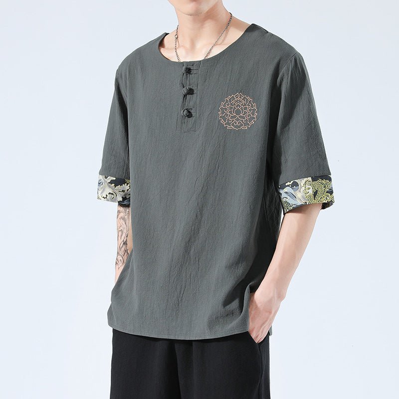 Summer 6 Colours Short-Sleeved T-shirt Harajuku Yukata Japan Embroidered Linen Men Shirts Trousers Asian Costume - Muhaab