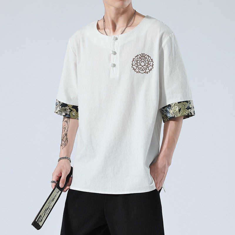 Summer 6 Colours Short-Sleeved T-shirt Harajuku Yukata Japan Embroidered Linen Men Shirts Trousers Asian Costume - Muhaab