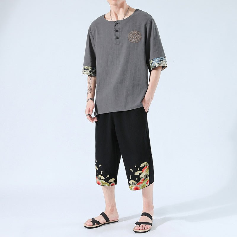 Summer 6 Colours Short-Sleeved T-shirt Harajuku Yukata Japan Embroidered Linen Men Shirts Trousers Asian Costume - Muhaab