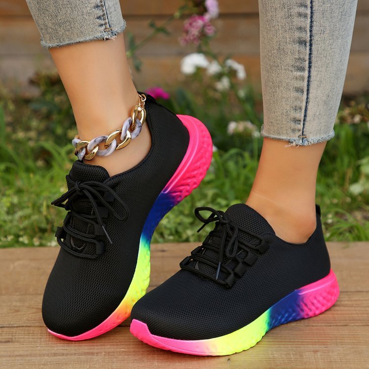 Lace-up Mesh Shoes With Rainbow Sole Design Fashion Walking Running Sports Shoes Sneakers For Women - Muhaab