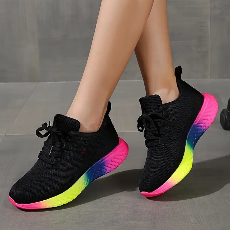Lace-up Mesh Shoes With Rainbow Sole Design Fashion Walking Running Sports Shoes Sneakers For Women - Muhaab