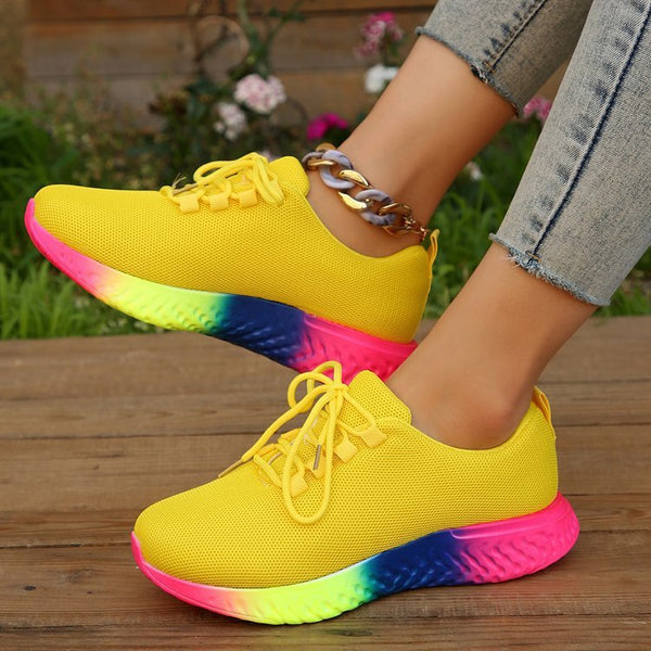 Lace-up Mesh Shoes With Rainbow Sole Design Fashion Walking Running Sports Shoes Sneakers For Women - Muhaab