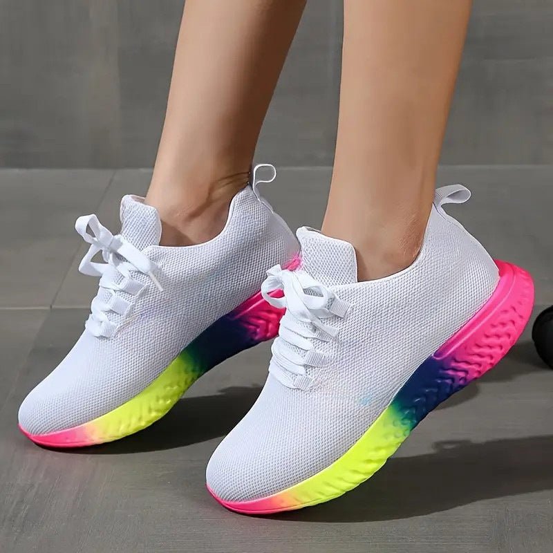 Lace-up Mesh Shoes With Rainbow Sole Design Fashion Walking Running Sports Shoes Sneakers For Women - Muhaab
