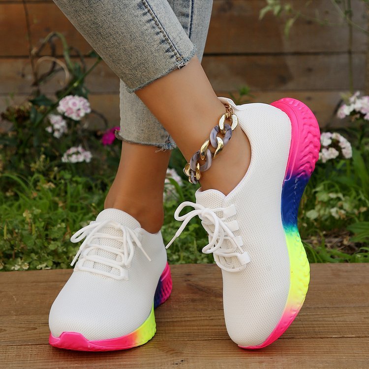 Lace-up Mesh Shoes With Rainbow Sole Design Fashion Walking Running Sports Shoes Sneakers For Women - Muhaab
