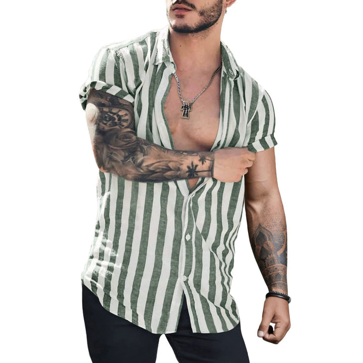 Lapel Striped Cardigan Linen Short Sleeve Shirt For Men - Muhaab