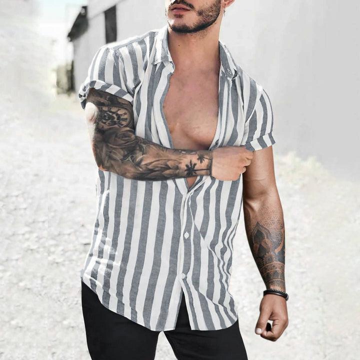 Lapel Striped Cardigan Linen Short Sleeve Shirt For Men - Muhaab