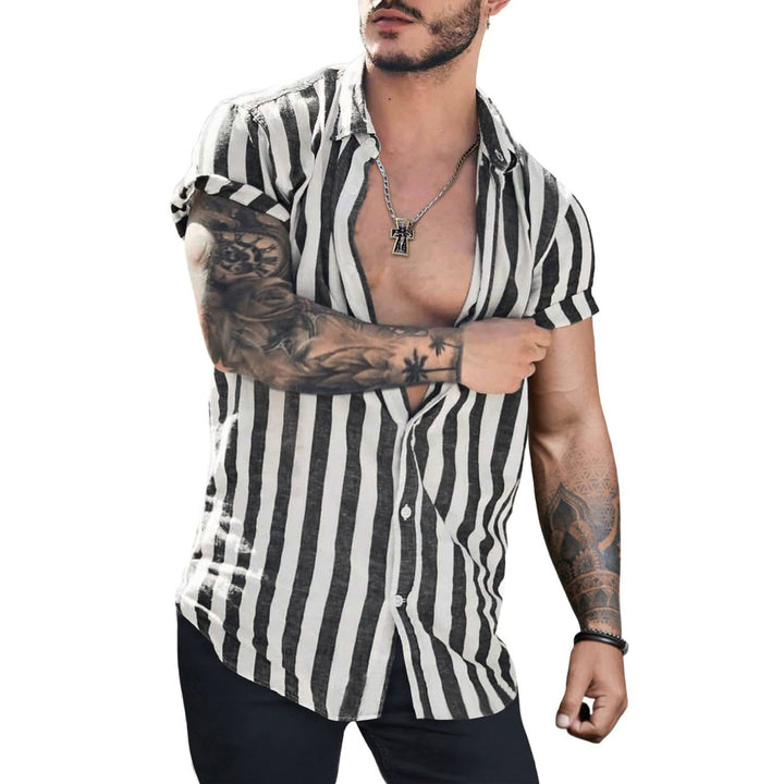 Lapel Striped Cardigan Linen Short Sleeve Shirt For Men - Muhaab