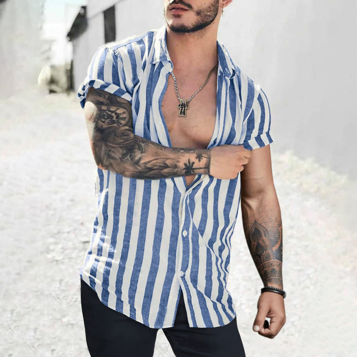 Lapel Striped Cardigan Linen Short Sleeve Shirt For Men - Muhaab