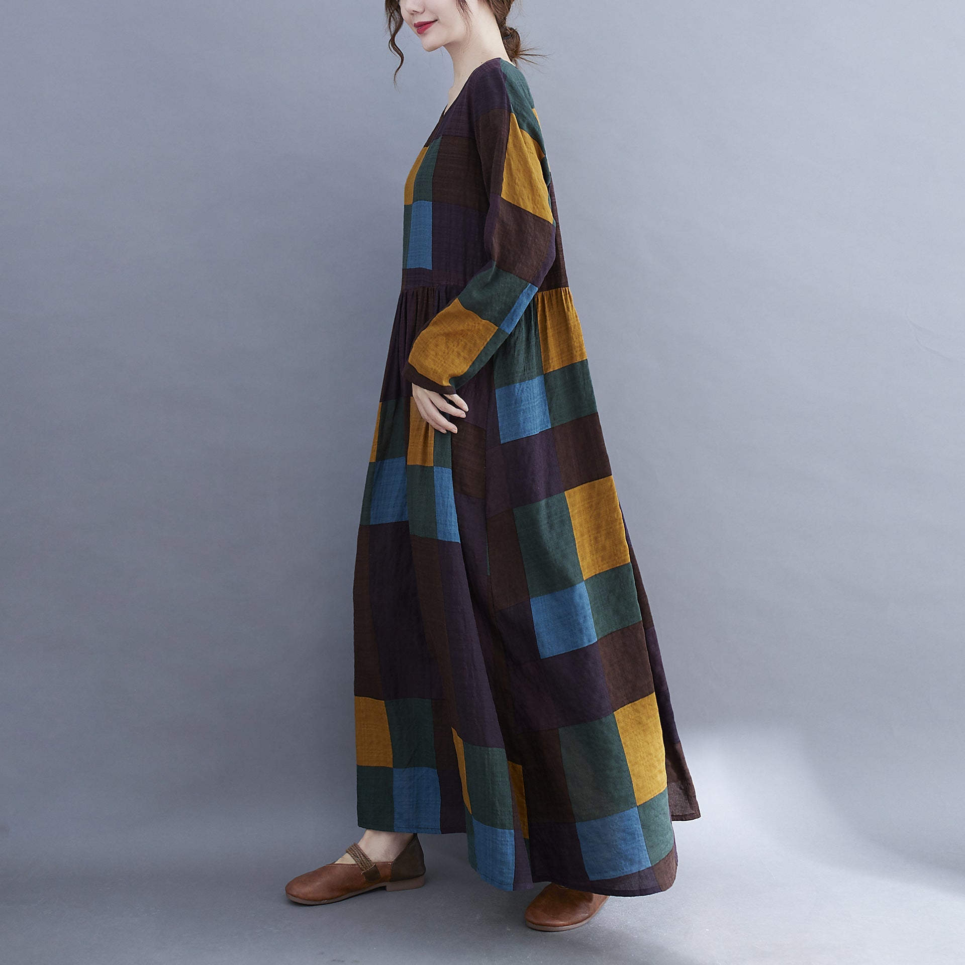 Literary Plus Size Plus Fertilizer Plus Printing Long-sleeved Dress - Muhaab