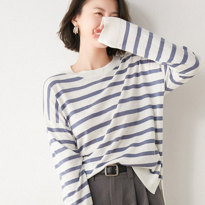 Long Sleeved T Shirt Women Round Neck Striped Sweater - Muhaab