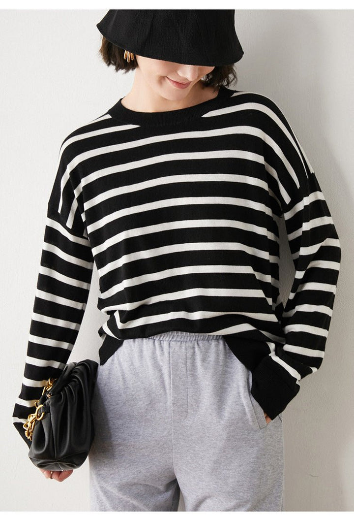 Long Sleeved T Shirt Women Round Neck Striped Sweater - Muhaab