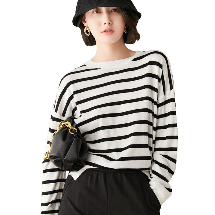 Long Sleeved T Shirt Women Round Neck Striped Sweater - Muhaab