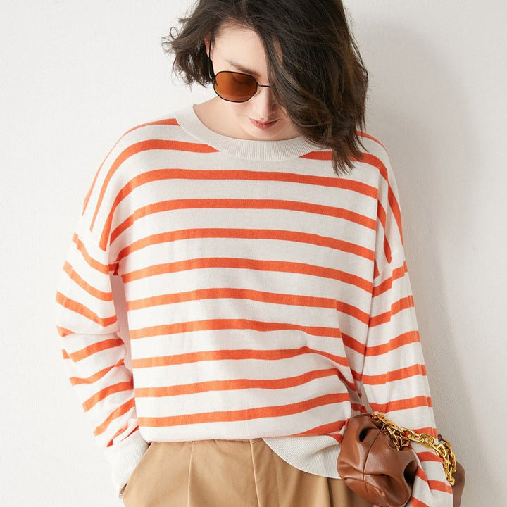 Long Sleeved T Shirt Women Round Neck Striped Sweater - Muhaab