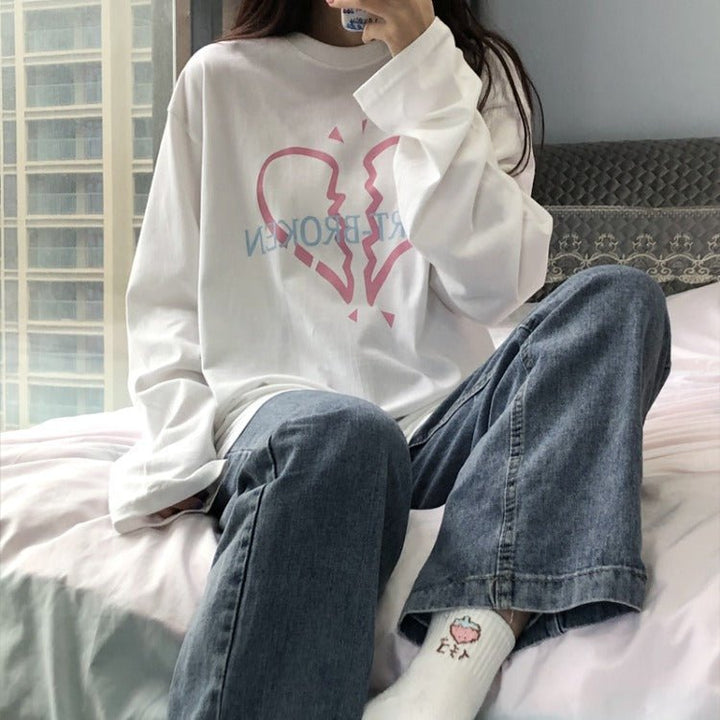 Love Print Long Sleeve T-shirt Women Loose Bottoming Top - Muhaab