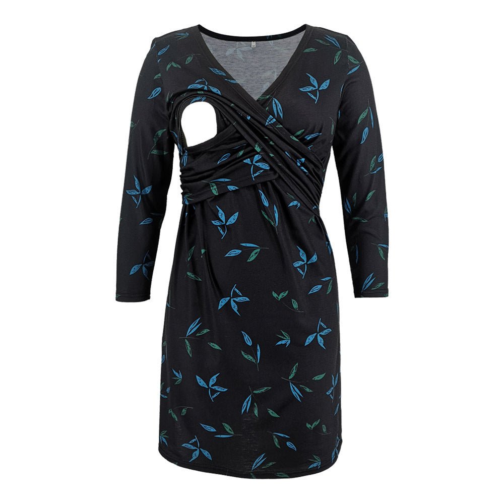 Maternity Clothes Multi-color Printed Deep V-neck Seven-point Sleeve Cross Lactation Dress - Muhaab