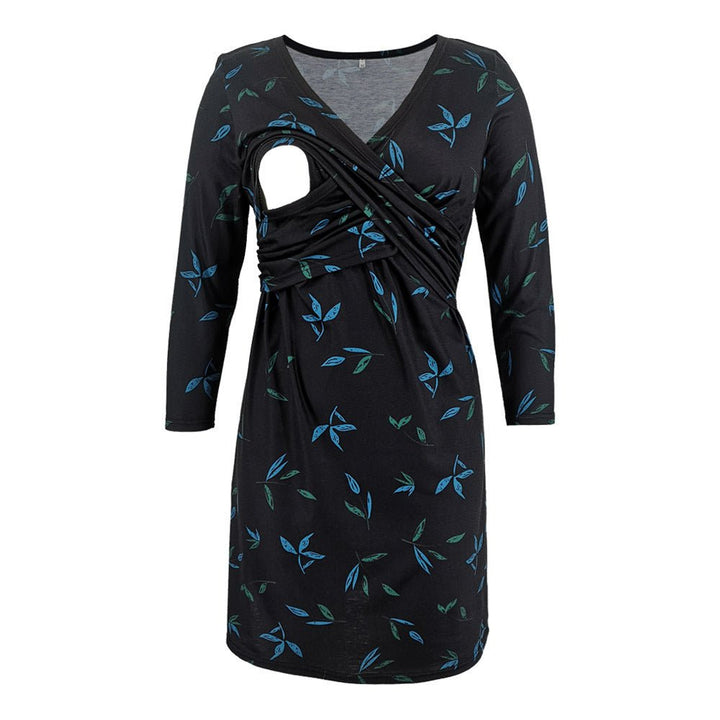Maternity Clothes Multi-color Printed Deep V-neck Seven-point Sleeve Cross Lactation Dress - Muhaab