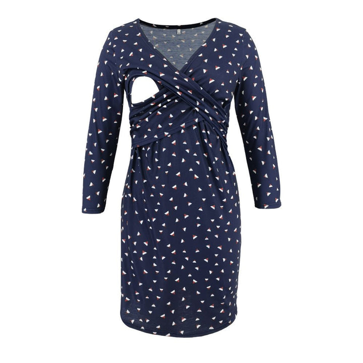 Maternity Clothes Multi-color Printed Deep V-neck Seven-point Sleeve Cross Lactation Dress - Muhaab
