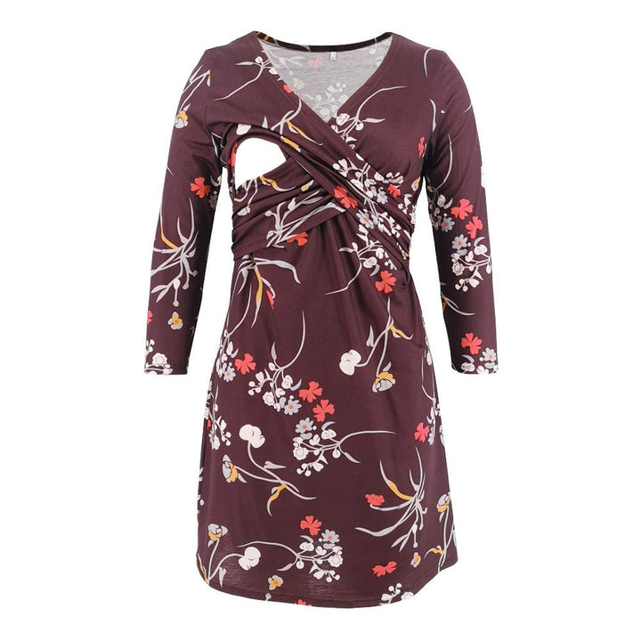 Maternity Clothes Multi-color Printed Deep V-neck Seven-point Sleeve Cross Lactation Dress - Muhaab
