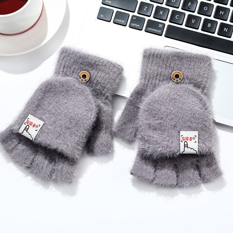 Men And Women Warm Thickened Flap Plush Half Finger Gloves - Muhaab