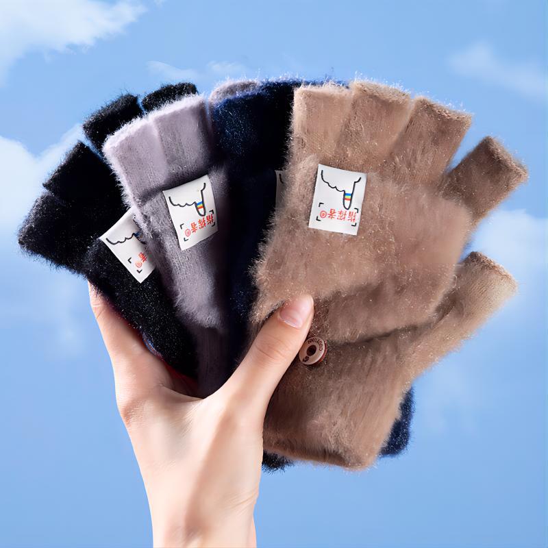 Men And Women Warm Thickened Flap Plush Half Finger Gloves - Muhaab