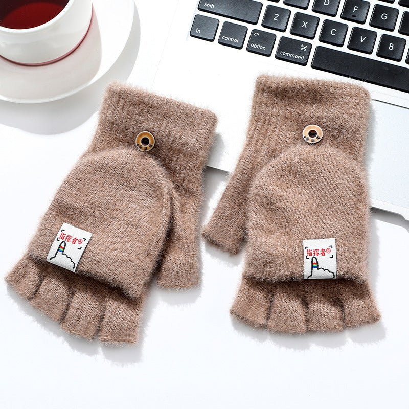 Men And Women Warm Thickened Flap Plush Half Finger Gloves - Muhaab