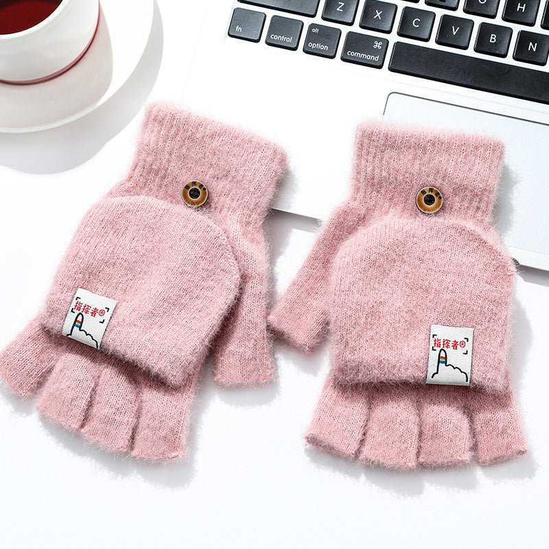 Men And Women Warm Thickened Flap Plush Half Finger Gloves - Muhaab