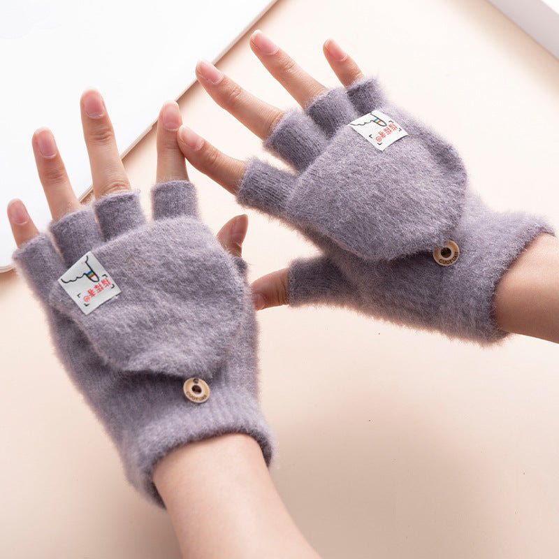 Men And Women Warm Thickened Flap Plush Half Finger Gloves - Muhaab