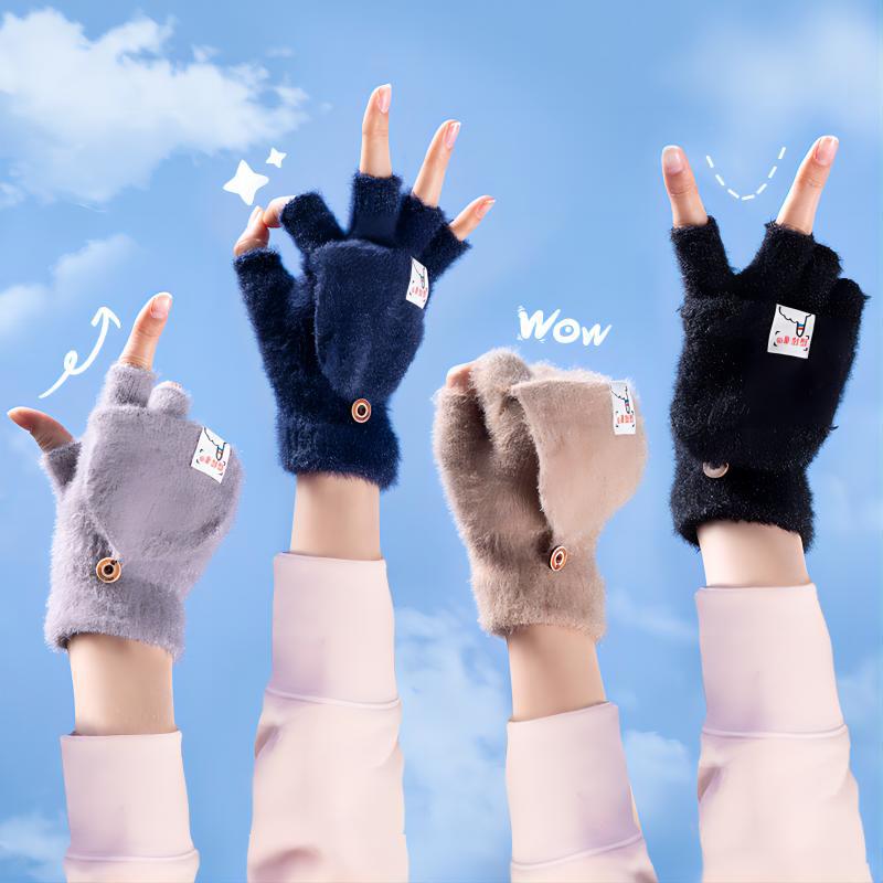 Men And Women Warm Thickened Flap Plush Half Finger Gloves - Muhaab