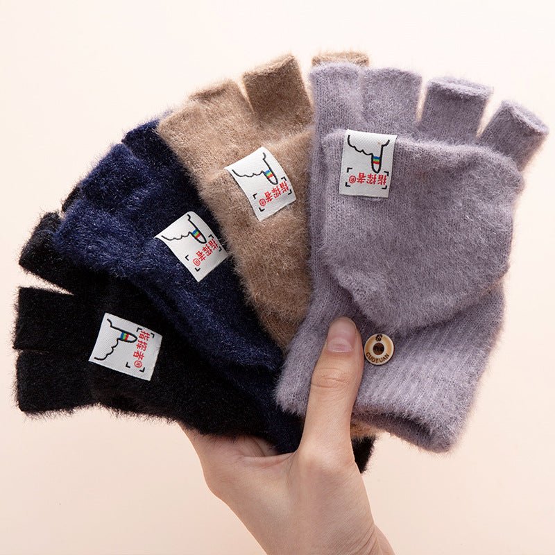 Men And Women Warm Thickened Flap Plush Half Finger Gloves - Muhaab