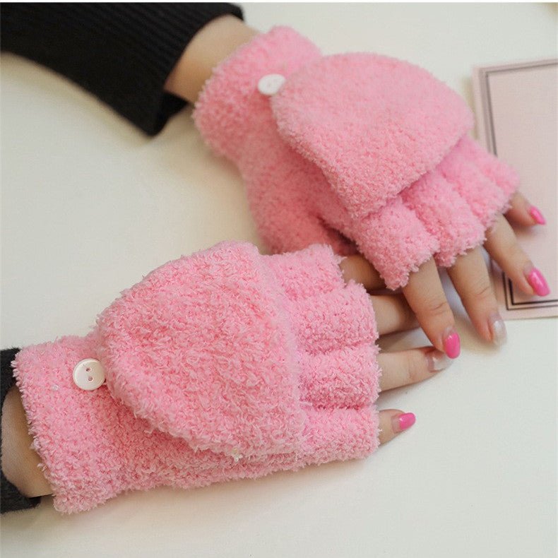 Men And Women Warm Thickened Flap Plush Half Finger Gloves - Muhaab