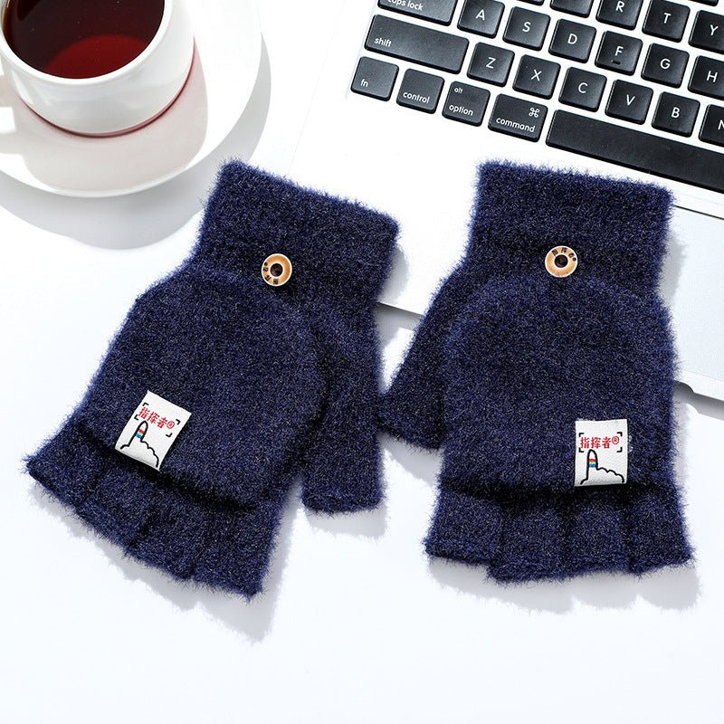 Men And Women Warm Thickened Flap Plush Half Finger Gloves - Muhaab
